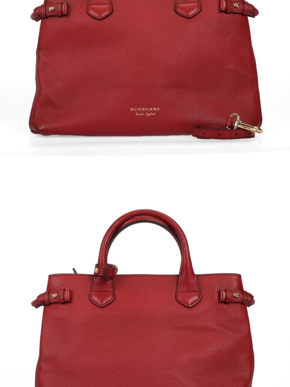 Burberry Red Pebbled Leather Satchel with Top Handles and Strap